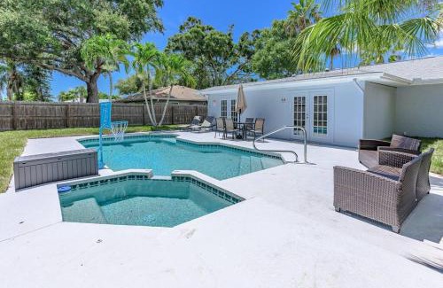 Palma Sola Casa | Blue Palm Home with Pool, Hot Tub, Nearby Beach, Outdoor Shower