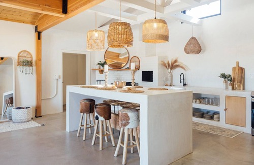 Twentynine Palms Casa | Casa Del Desierto—Private Boho Oasis with Palm Trees, Hot Tub, Fire Pits