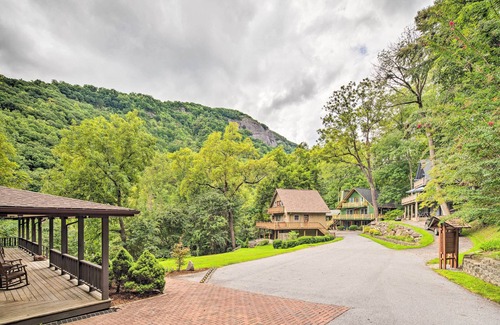 Chimney Rock Cabaña | Deck w/ Fireplace: Pet-friendly Lake Lure Retreat