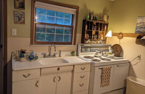 Putnam Station Cabaña | Direct lakefront cottage with wood burning fireplace in great room. Pet friendly