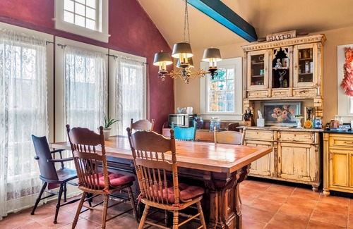 Franklin Springs Otro | Elegant home with two living areas, a furnished patio, & wood fireplace