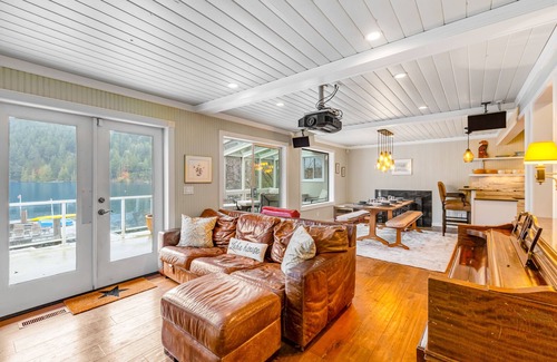 Bellingham Casa | Lakefront home with stunning view, hot tub, dock, decks, firepit & rec room