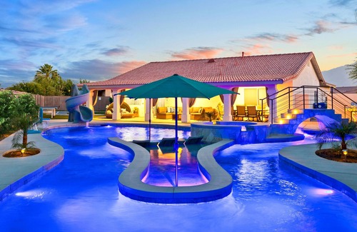 Coachella Casa | LAZY RIVER, Water slide, kids Race track, Arcade room, Playground