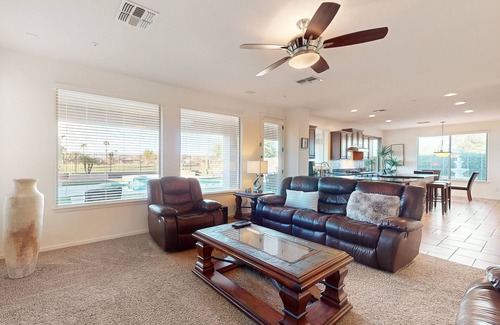 Seville Casa | Luxe snowbird-friendly haven with heated pool, gas fireplace, balcony, & firepit