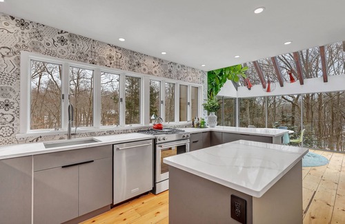 Old Lyme Casa | Luxurious midcentury modern glass house in the woods, chefs kitchen & great art