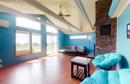 Yachats Casa | Ocean View Home w/ a Private Hot Tub, Wood Fireplace, Decks, & Garden