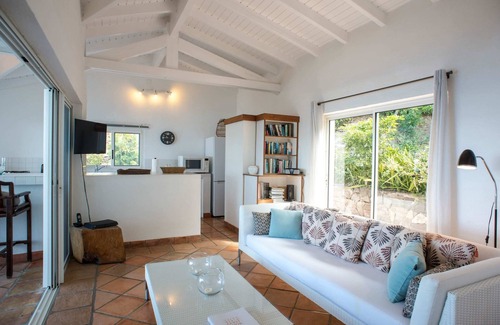 Pointe Milou Villa | Piscina de inmersión, terraza rodeada de piedra y terraza de madera, salón de tamaño completo y desayunador