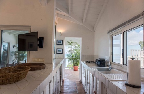 Pointe Milou Villa | Piscina de inmersión, terraza rodeada de piedra y terraza de madera, salón de tamaño completo y desayunador