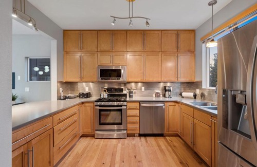 Old Town North Casa | Sleek Home near Old Town with Rooftop Hot Tub & Mtn Views