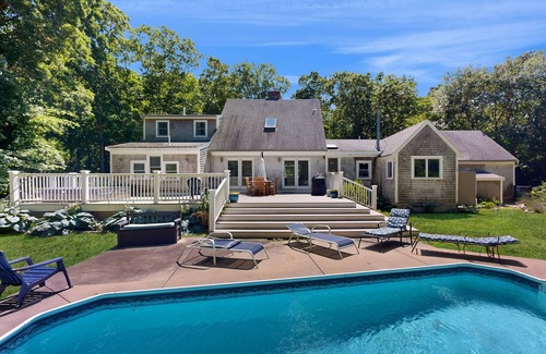 West Barnstable Casa | Spacious getaway near beach with private seasonal pool, hot tub, & 2 offices