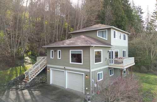 Port Angeles East Casa | Spacious ocean-view home with forest stream, hot tub, & private community beach!