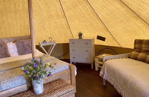Camborne Cabina | The Glade. Luxury Bell Tent with partial sea and countryside views. Dog friendly
