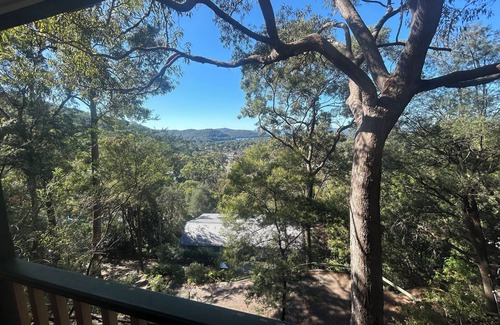 Patonga Casa | Treetops retreat - pole house set against a sandstone rock face in the tree tops
