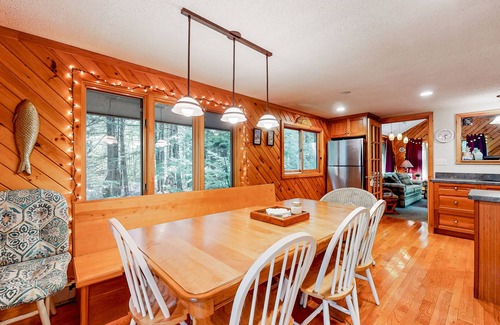 Bridgton Cabaña | Two-story dog-friendly cabin with a wood stove, pool, tennis, beach, W/D
