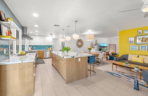 Village Grove Casa | Vibrant Updated MidCentury Home in OldTown-Htd Pool, Firepit, EV+ Garage, Office
