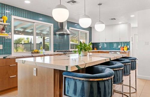 Village Grove Casa | Vibrant Updated MidCentury Home in OldTown-Htd Pool, Firepit, EV+ Garage, Office