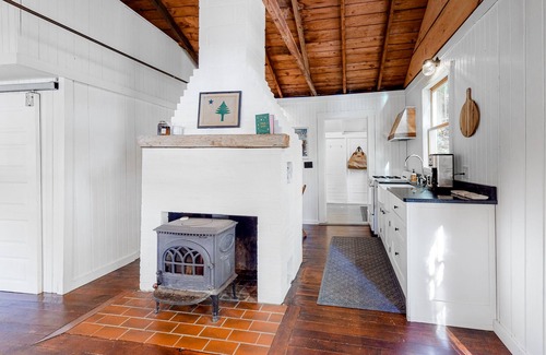 Camden Cabaña | Wooded home on the pond with WiFi, wood stove, full Kitchen, loft, bunks, & dock