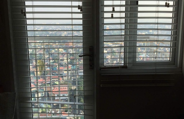 1 dormitorio en 27 pisos de condominio. Tiene sofá cama fuera de la habitación. Vista desde el balcón.