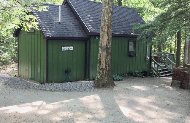 Cabin in woods, with row to the lake
