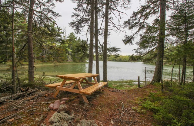 Retiro privado frente al río con futbolín y hoguera, con vista a una reserva natural.