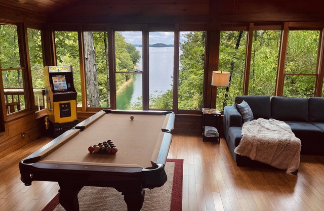 Rustic Lakefront Cabin near Smokies w/ Hot Tub, Firepit, Pool Table + Views!