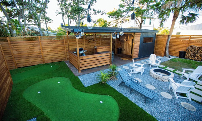 Butler Beach Cabaña | Charming Cottage with Sauna, MINI Golf, 2 OD Showers, Firepit, 2 Tubs and more!!