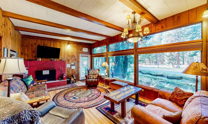 Joseph Casa | Charming Wallowa Lake home with forest views, fireplace, & private W/D