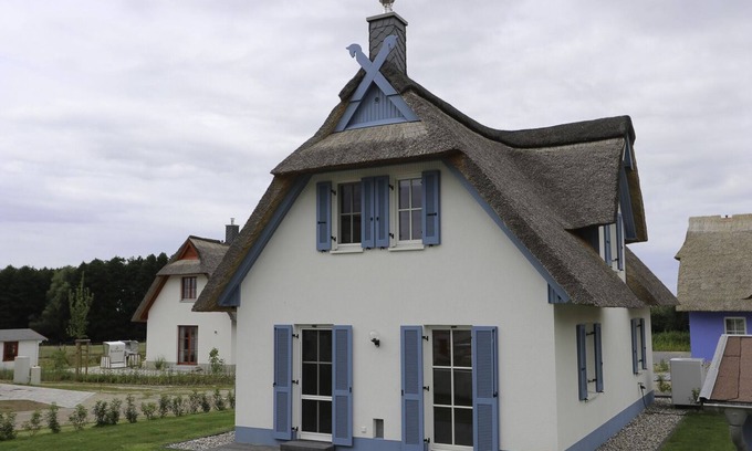 Stove Casa | Das Reetgedeckte Ferienhaus Seeschwalbe mit Blick auf die Historische Windmühle in Stove, ist ein Traumhaftes Urlaubsdomizil