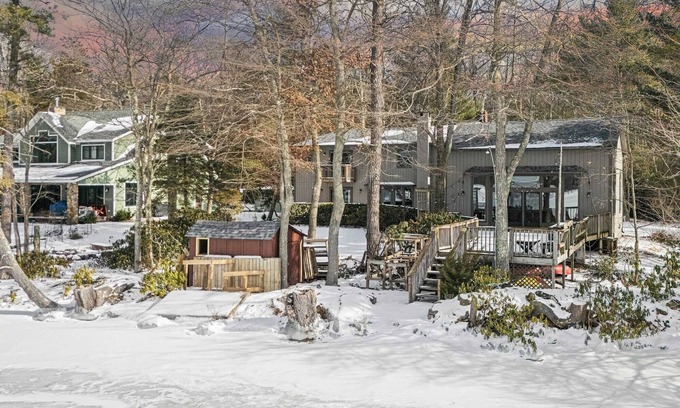 Tafton Cabaña | Deck w/ Lake Views, Fireplace, Shuffleboard, and Office Lakeside Retreat