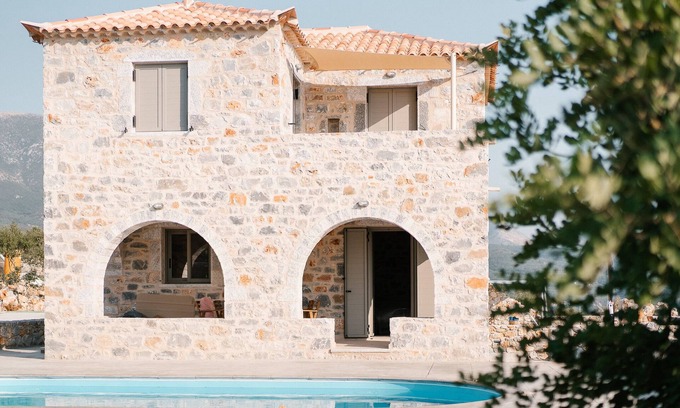 Stoupa Villa | Dione Villa 3: private pool - amazing sea view - traditional minimal stone villa