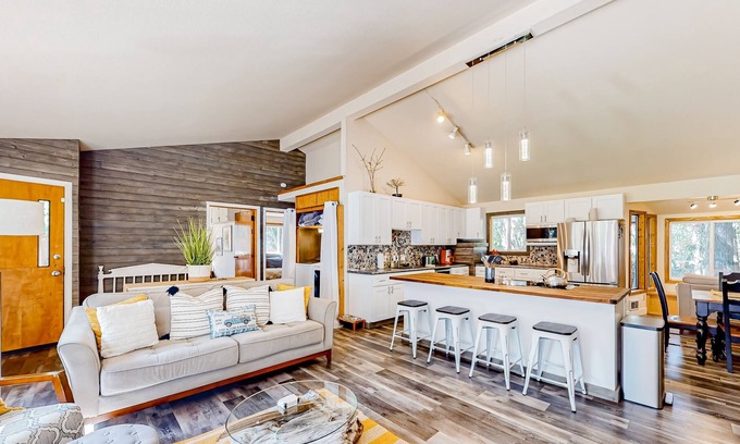 Trestle Creek Casa | Dog-friendly, creekside home with hot tub, sauna & firepit - walk to the lake