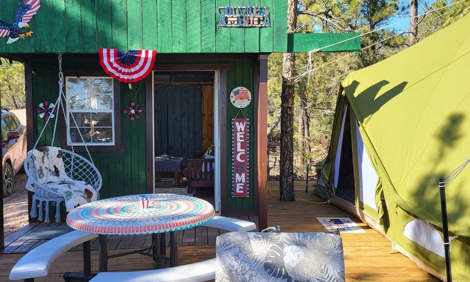 Hot Springs Cabina | Eagle's Nest Cabin / Sibley4 Tent combo @EvansCliff hot tub canyon views