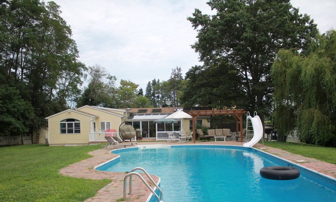 Riverhead Casa | Farmhouse near beach, with large pool, farm animals