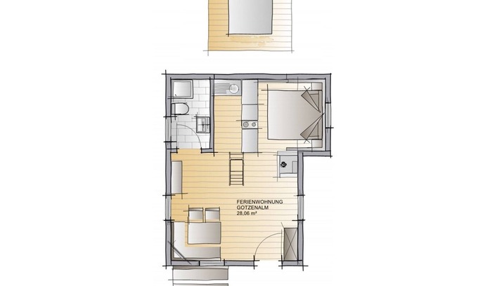 Konigssee Apartamento | FeWo Gotzenalm / Almkaser, 2-4 personas con sala de estar y dormitorio con estufa de leña