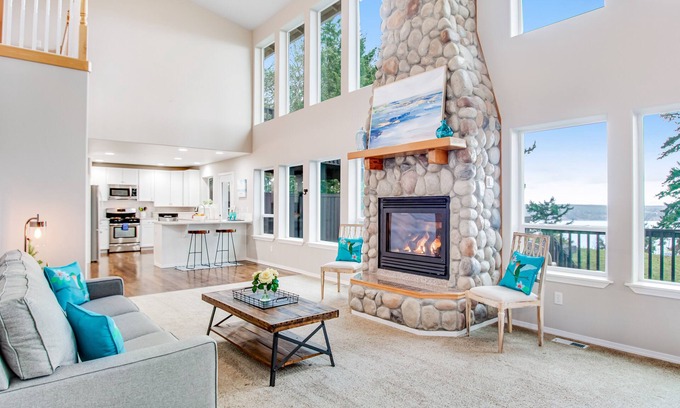Camano Island Casa | Gorgeous home with gas fireplace & enormous deck + mountain & water views