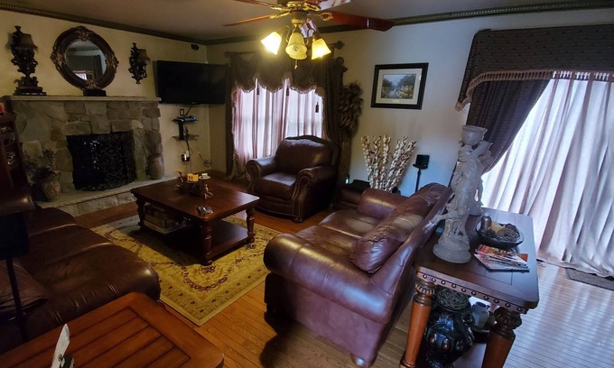 Dingmans Ferry Casa | Great location in Poconos, outdoor living space with outdoor seating area, chea