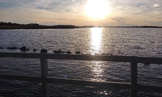 Sandbridge Cabaña | Happy Place: sunset view of Back Bay from the sofa and deck- 5 min walk to Beach