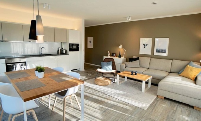 Dangast Apartamento | Este moderno apartamento nórdico premium "Nordbudje" para 4 personas rocía e