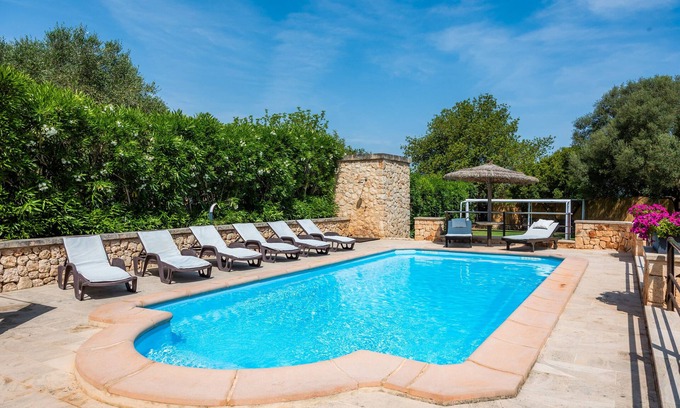 Manacor Casa | Casa de vacaciones "Son Moix" con vistas a la montaña, jardín, terrazas, balcón y piscina