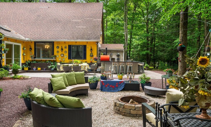 Pocono Pines Casa | Lake Naomi Forest Oasis Retreat with Hot Tub & Lounging Galore