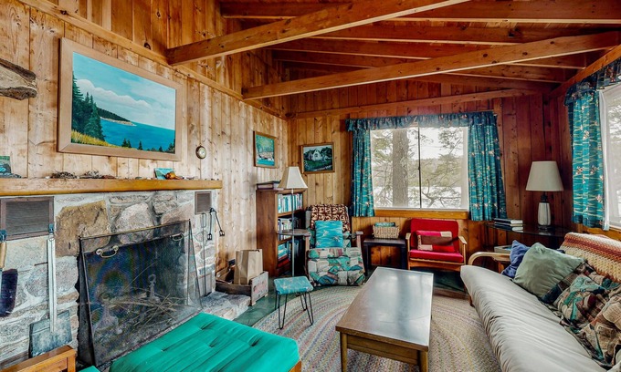 Mount Desert Cabina | Lakefront cabin on Long Pond with wood fireplace, deck, lake views, books