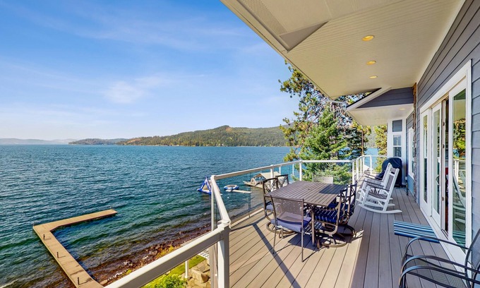 Coeur d'Alene Casa | Lakefront Home with a Private Dock, Fireplace, Dance Studio, & Mountain Views