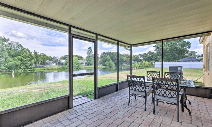 Trailer Estates Casa | Lanai and Pond at Tranquil Bradenton Retreat!