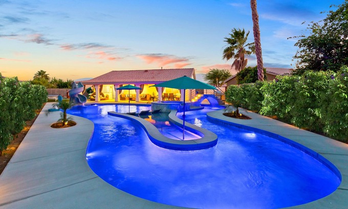 Coachella Casa | LAZY RIVER, Water slide, kids Race track, Arcade room, Playground