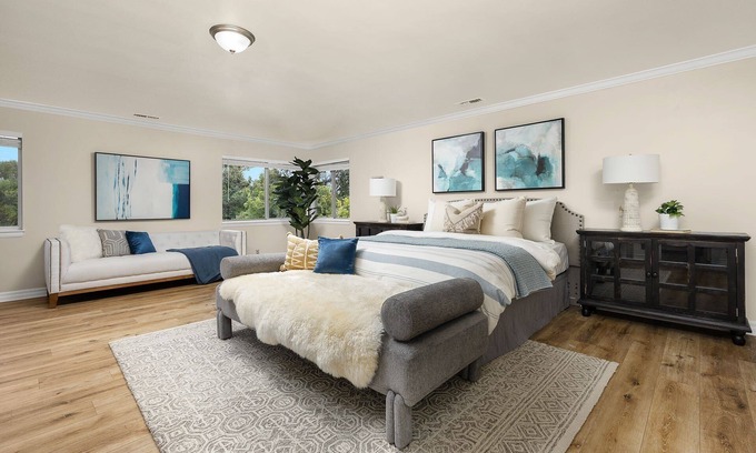East Pasadena Casa | Luxurious large master bedroom with separate refrigerator coffee maker bathtub