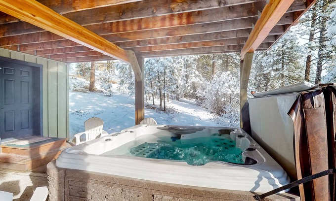 New Meadows Cabina | Mountain-view cabin with private hot tub, furnished deck, 2 kitchens, & 2 W/Ds