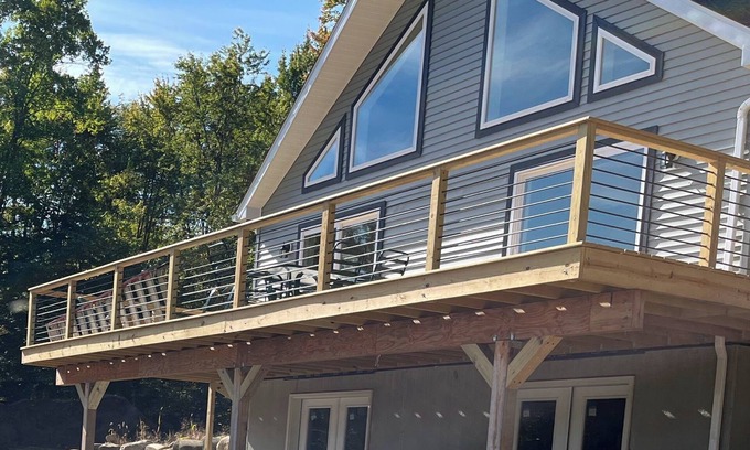 Lake George Casa | New 3-bedroom A-frame, ranch home on private Queensbury property