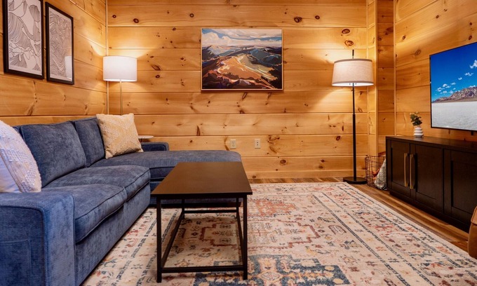 West Jefferson Casa | New! Hand-Stacked Log Cabin TH | Mountain Views | Short Walk to Downtown WJ