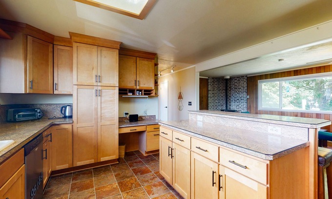 Yachats Casa | Ocean View Home w/ a Private Hot Tub, Wood Fireplace, Decks, & Garden