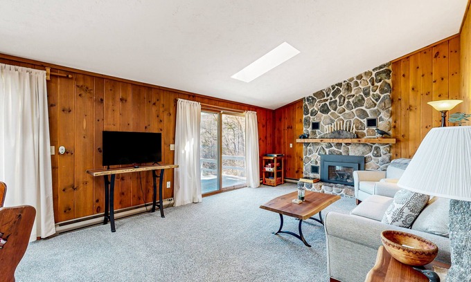 Moultonborough Casa | Pond & mountain view cabin with fireplace, workstation, W/D, deck, & internet